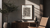 Death confronting couple in bedchamber poster framed above a fluted sideboard beside an olive tree