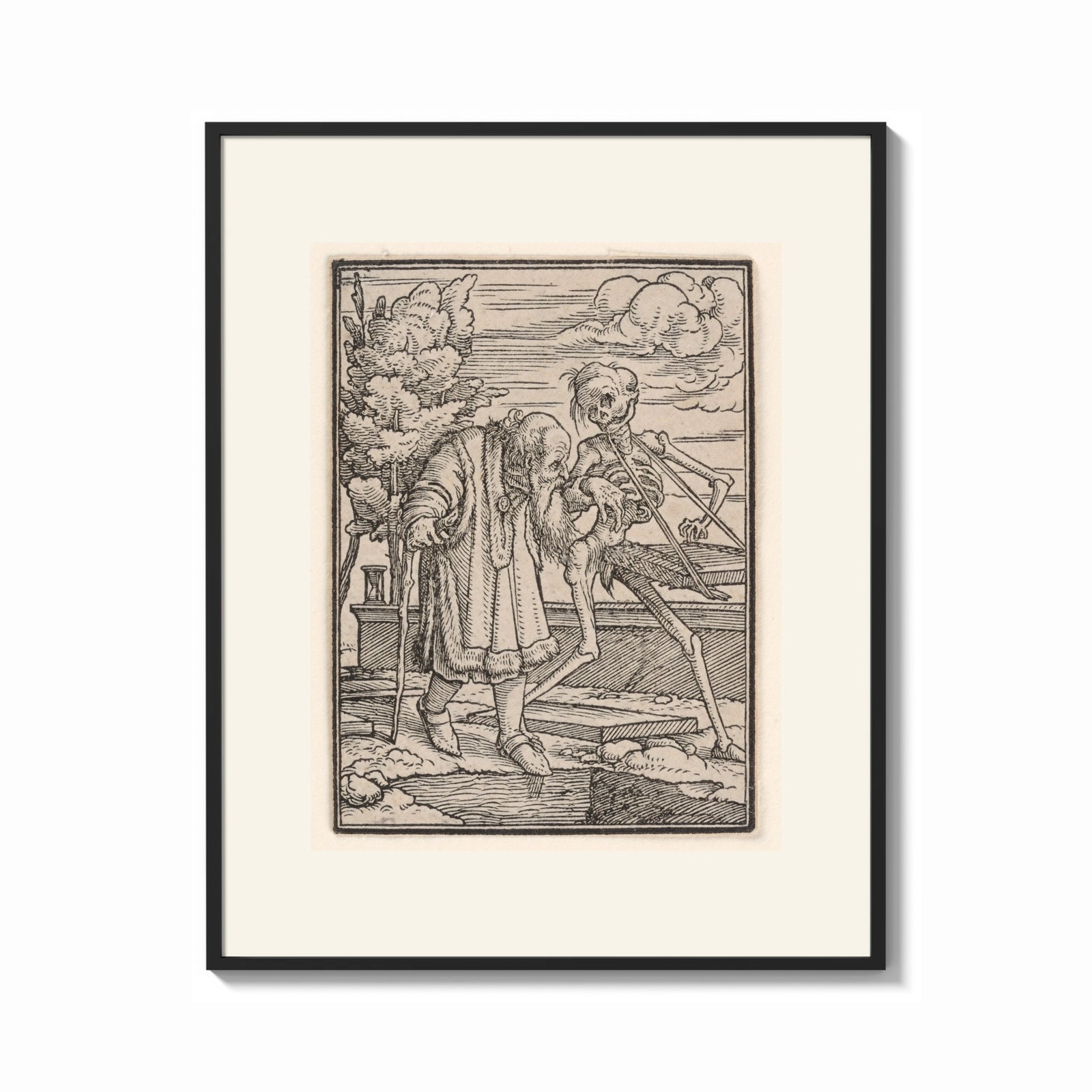 Framed Death leading an old bearded man print shown as a bold statement piece on a clean gallery wall