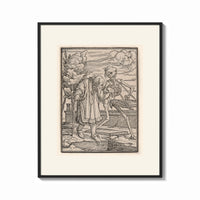Framed Death leading an old bearded man print shown as a bold statement piece on a clean gallery wall