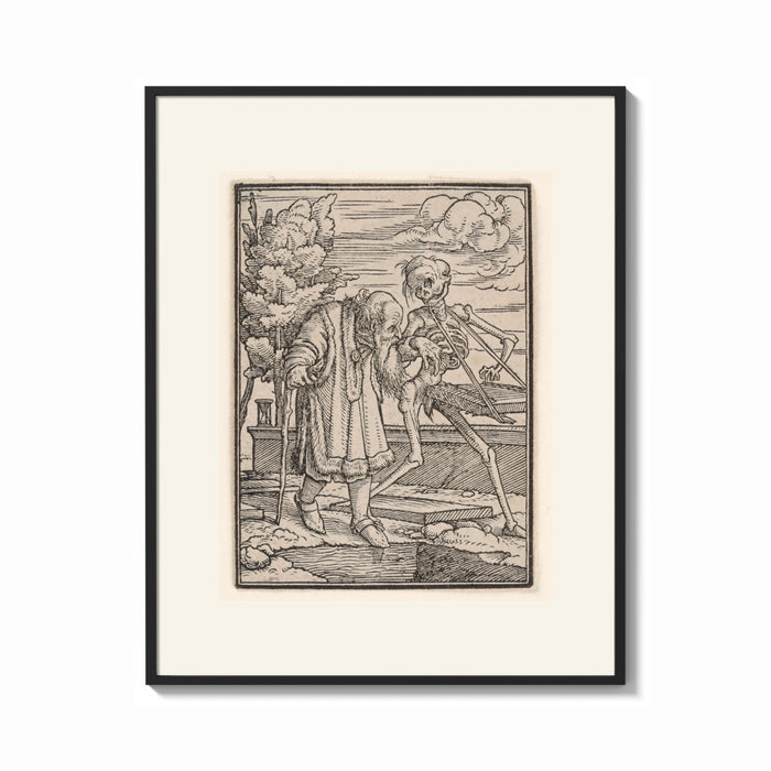 Framed Death leading an old bearded man print shown as a bold statement piece on a clean gallery wall