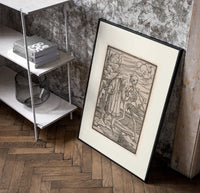 Death leading an old bearded man poster in a black frame leaning beside a shelf in a raw-plaster loft
