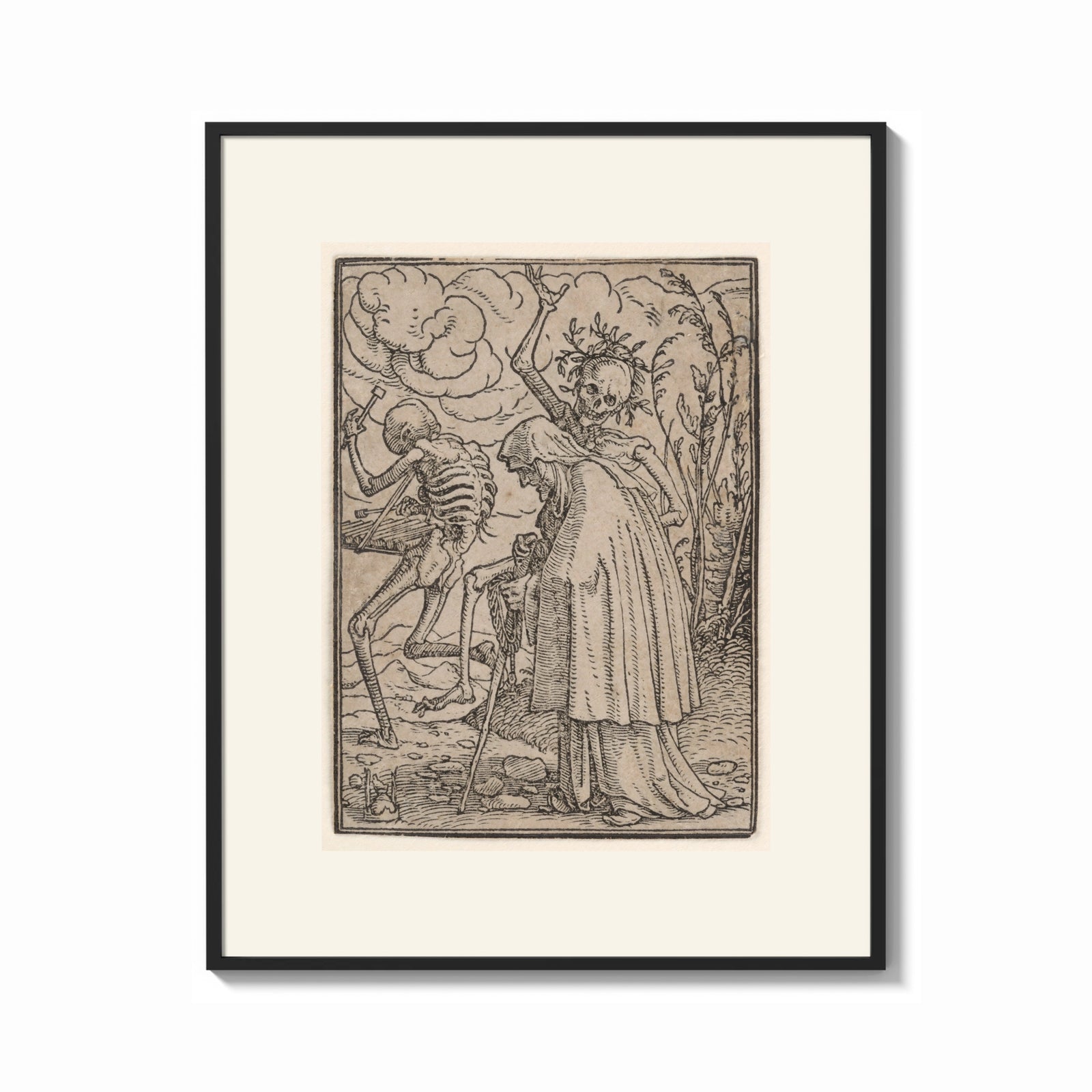 Framed Death dancing with old woman print shown as a bold statement piece on a clean gallery wall