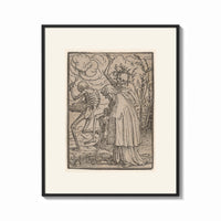 Framed Death dancing with old woman print shown as a bold statement piece on a clean gallery wall