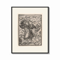 Framed Death dancing with a man print shown as a bold statement piece on a clean gallery wall