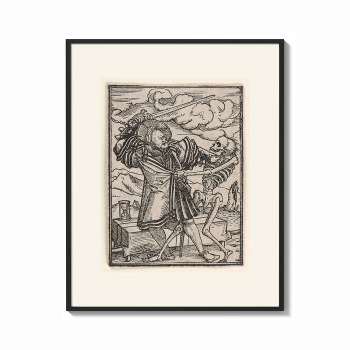 Framed Death dancing with a man print shown as a bold statement piece on a clean gallery wall