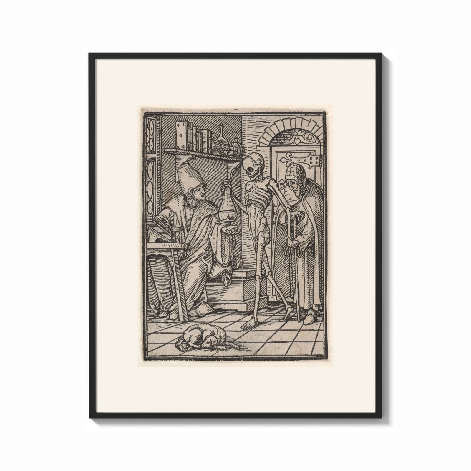 Framed Death visiting physician holding urine flask print shown as a bold statement piece on a clean gallery wall
