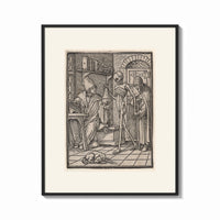 Framed Death visiting physician holding urine flask print shown as a bold statement piece on a clean gallery wall