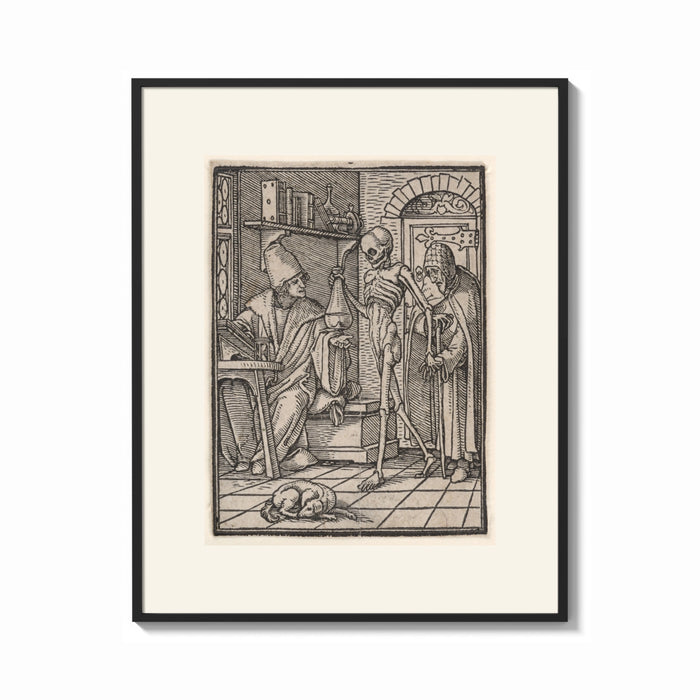 Framed Death visiting physician holding urine flask print shown as a bold statement piece on a clean gallery wall