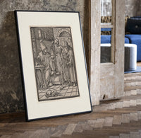 Death visiting physician holding urine flask print in a black frame leaning beside a vintage door on parquet