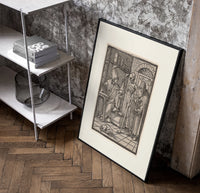 Death visiting physician holding urine flask poster in a black frame leaning beside a shelf in a raw-plaster loft