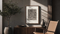 Death visiting physician holding urine flask poster framed above a fluted sideboard beside an olive tree