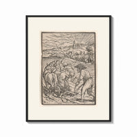 Framed Death plowing field with farmer print shown as a bold statement piece on a clean gallery wall