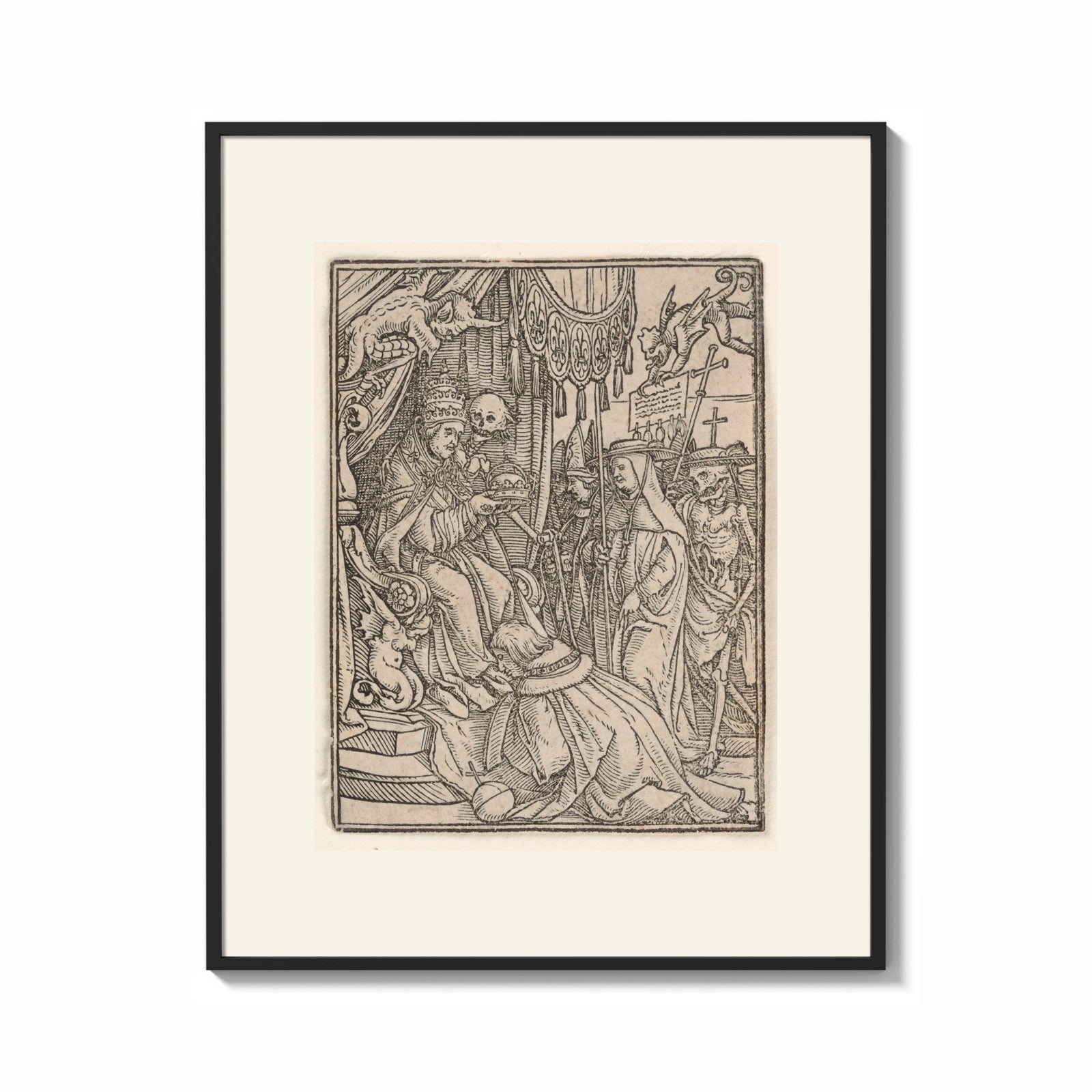 Framed Death visits the Pope crowning emperor print shown as a bold statement piece on a clean gallery wall