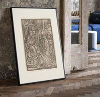 Death visits the Pope crowning emperor print in a black frame leaning beside a vintage door on parquet