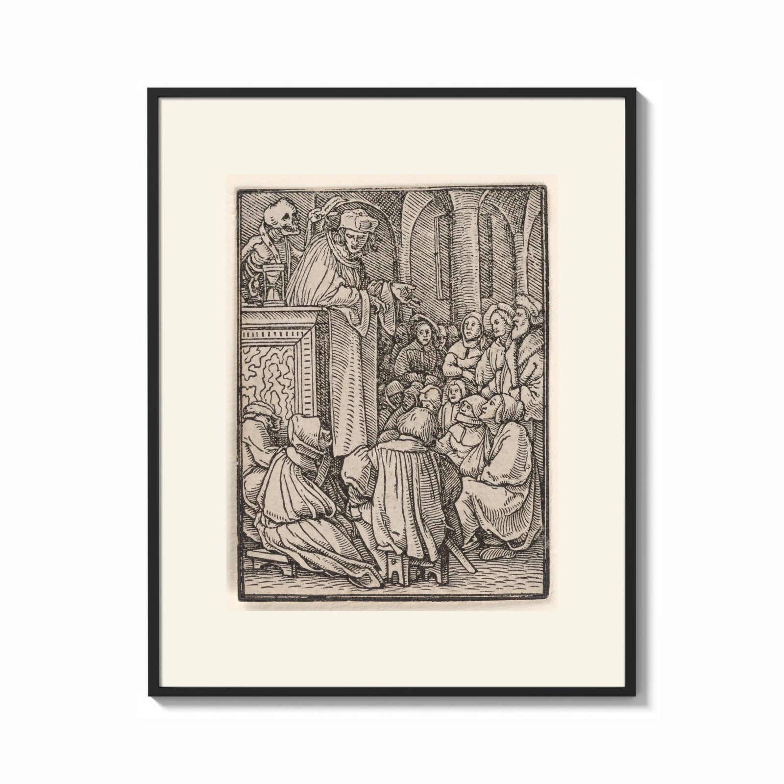 Framed Preacher and death with congregation print shown as a bold statement piece on a clean gallery wall