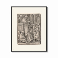 Framed Preacher and death with congregation print shown as a bold statement piece on a clean gallery wall