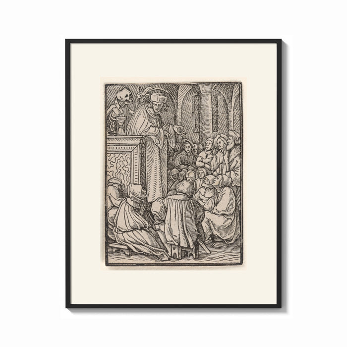 Framed Preacher and death with congregation print shown as a bold statement piece on a clean gallery wall