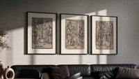 Death visits people in three scenes triptych in three black frames on a grey wall above a leather sofa