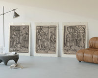 Death visits people in three scenes three-panel set displayed beside a brown leather sofa