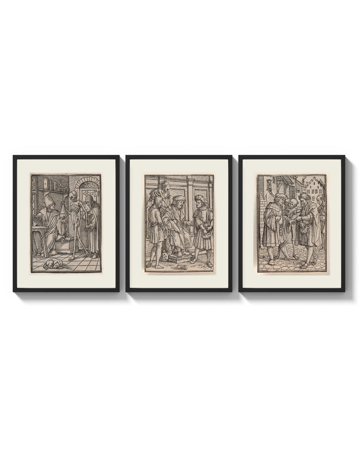 Death visits people in three scenes arranged on a bright gallery wall