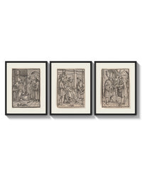 Death visits people in three scenes arranged on a bright gallery wall