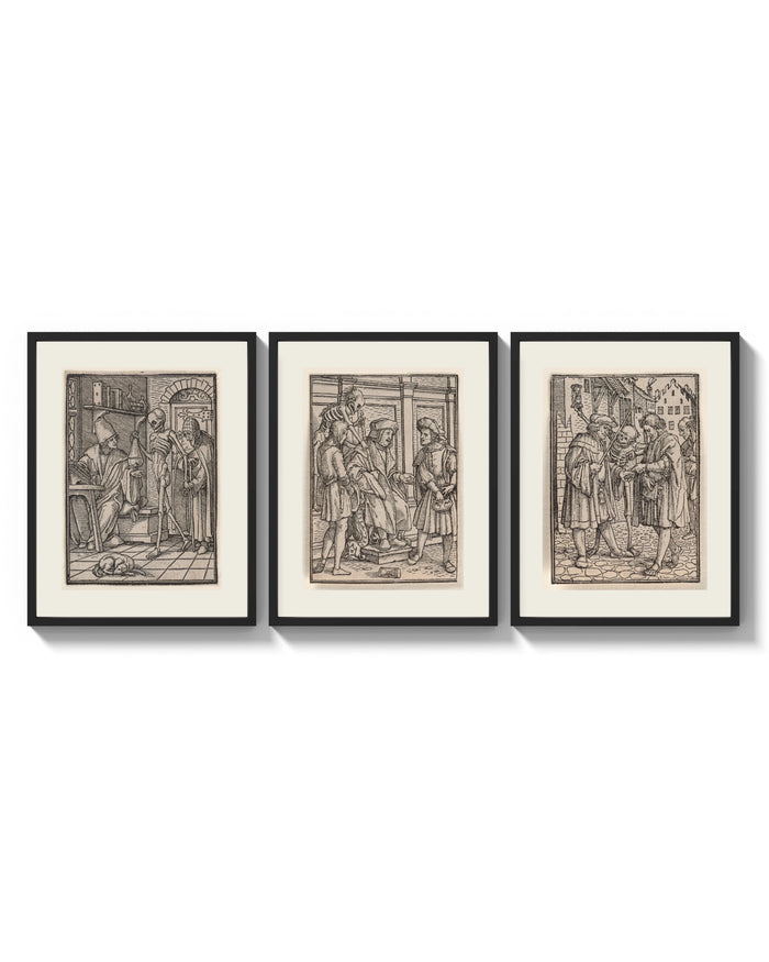 Death visits people in three scenes three-panel set arranged as a triptych on a bright gallery wall