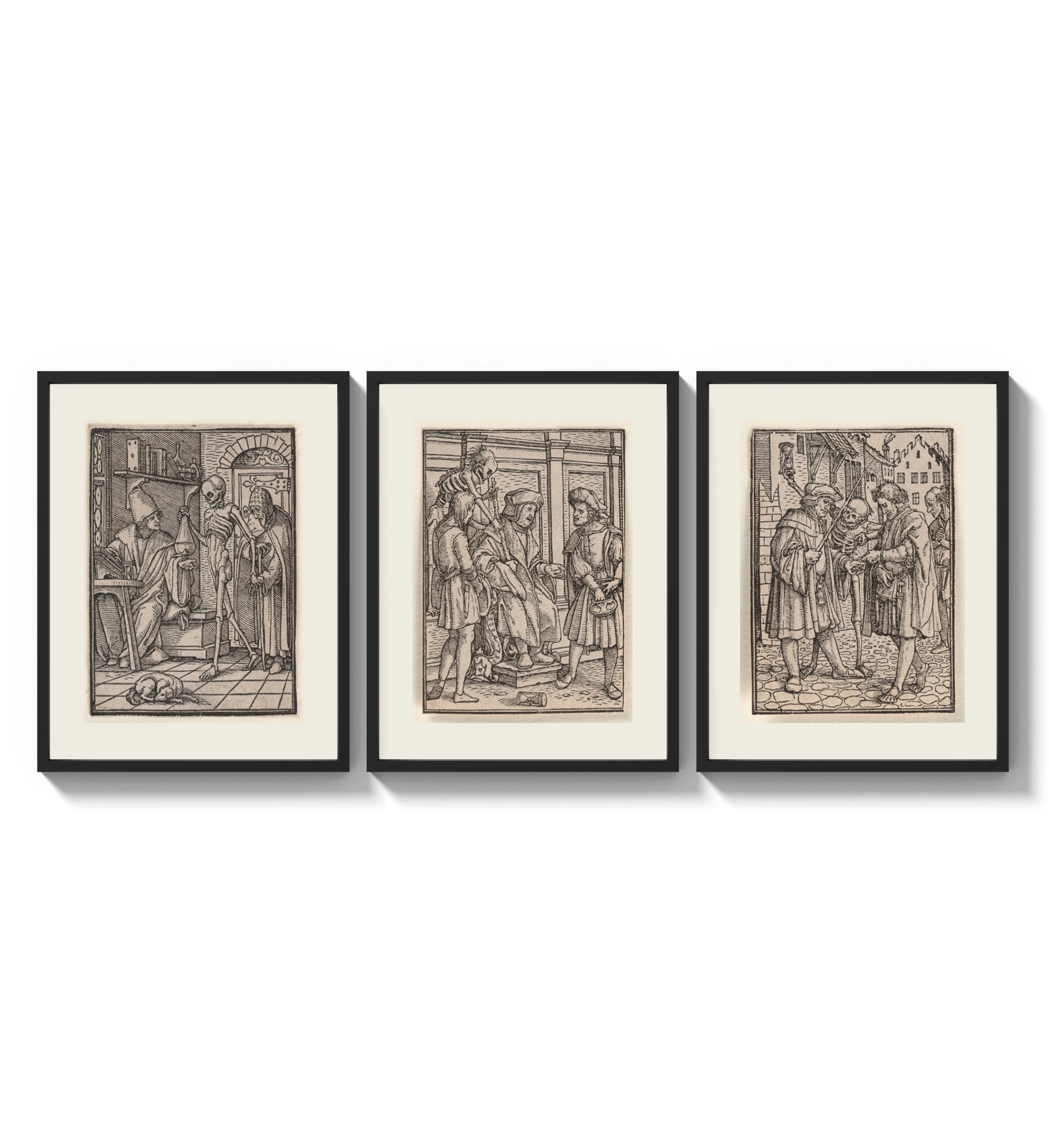 Death visits people in three scenes three-panel set arranged as a triptych on a bright gallery wall