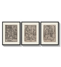 Death visits people in three scenes three-panel set arranged as a triptych on a bright gallery wall