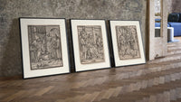 Death visits people in three scenes three-piece set leaning on parquet beside a vintage loft door