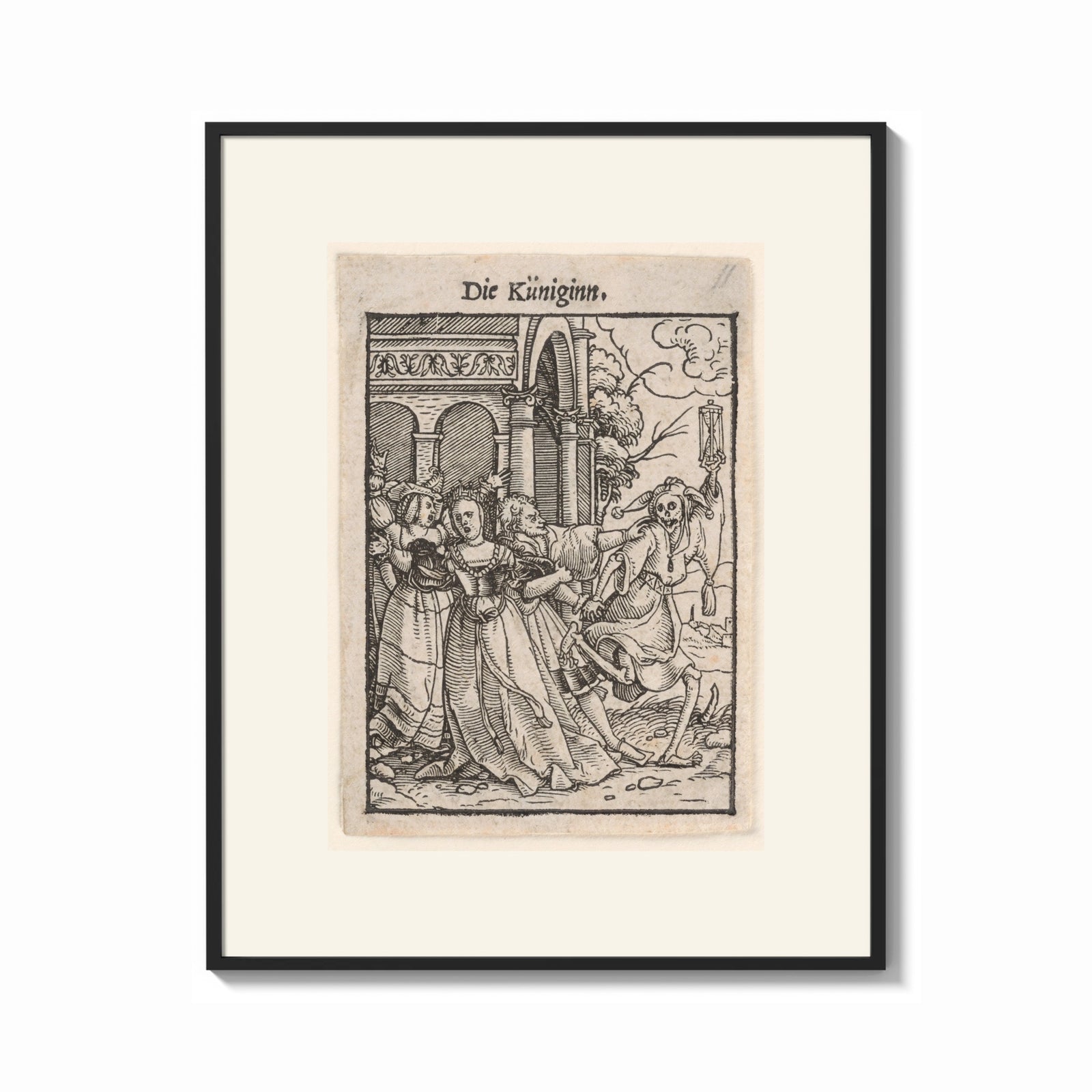Framed Death leading a queen away print shown as a bold statement piece on a clean gallery wall