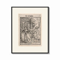 Framed Death leading a queen away print shown as a bold statement piece on a clean gallery wall