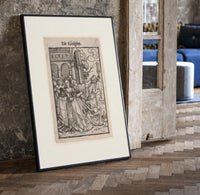 Death leading a queen away print in a black frame leaning beside a vintage door on parquet