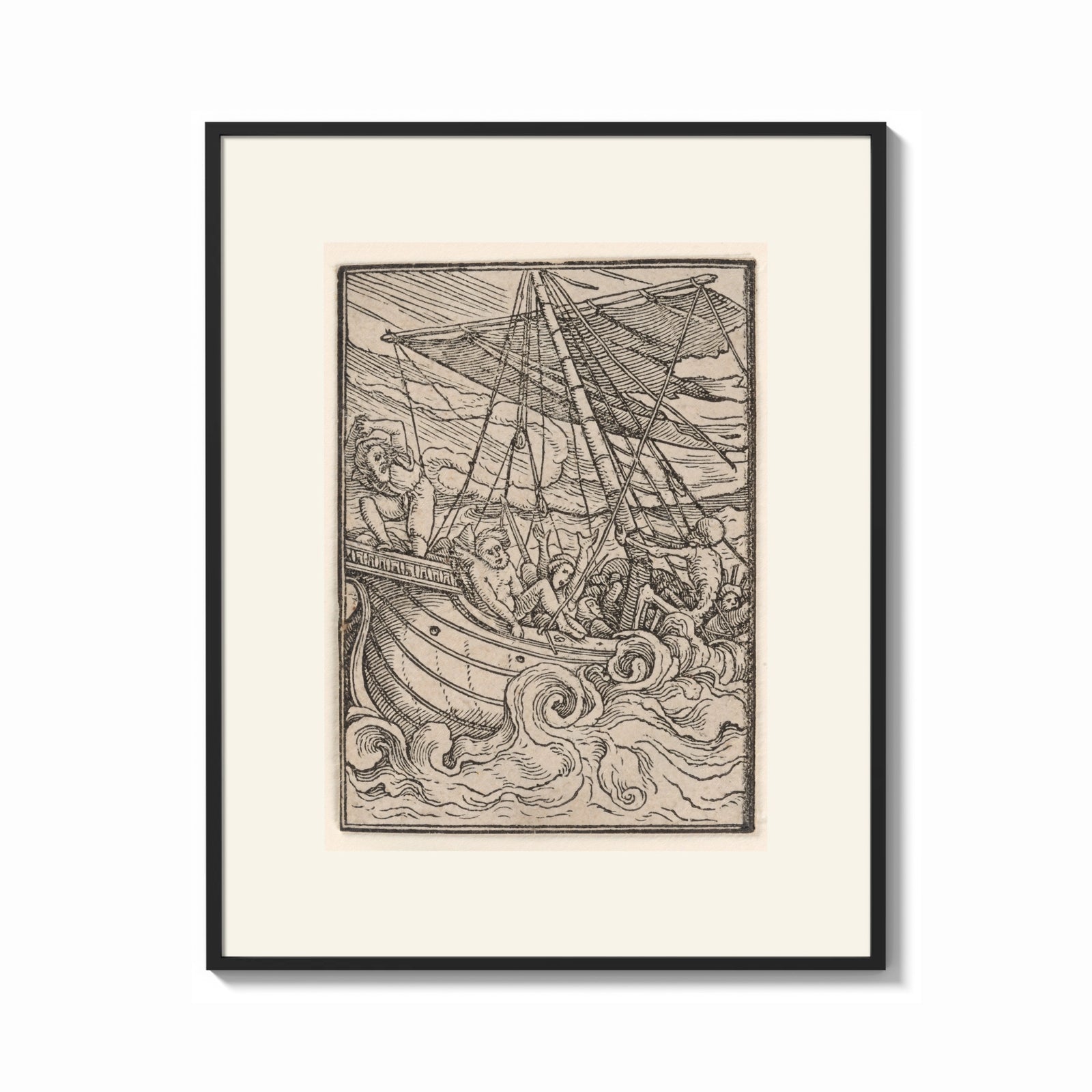 Framed Ship in stormy sea with figures print shown as a bold statement piece on a clean gallery wall