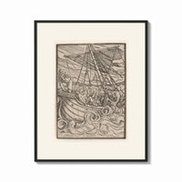 Framed Ship in stormy sea with figures print shown as a bold statement piece on a clean gallery wall