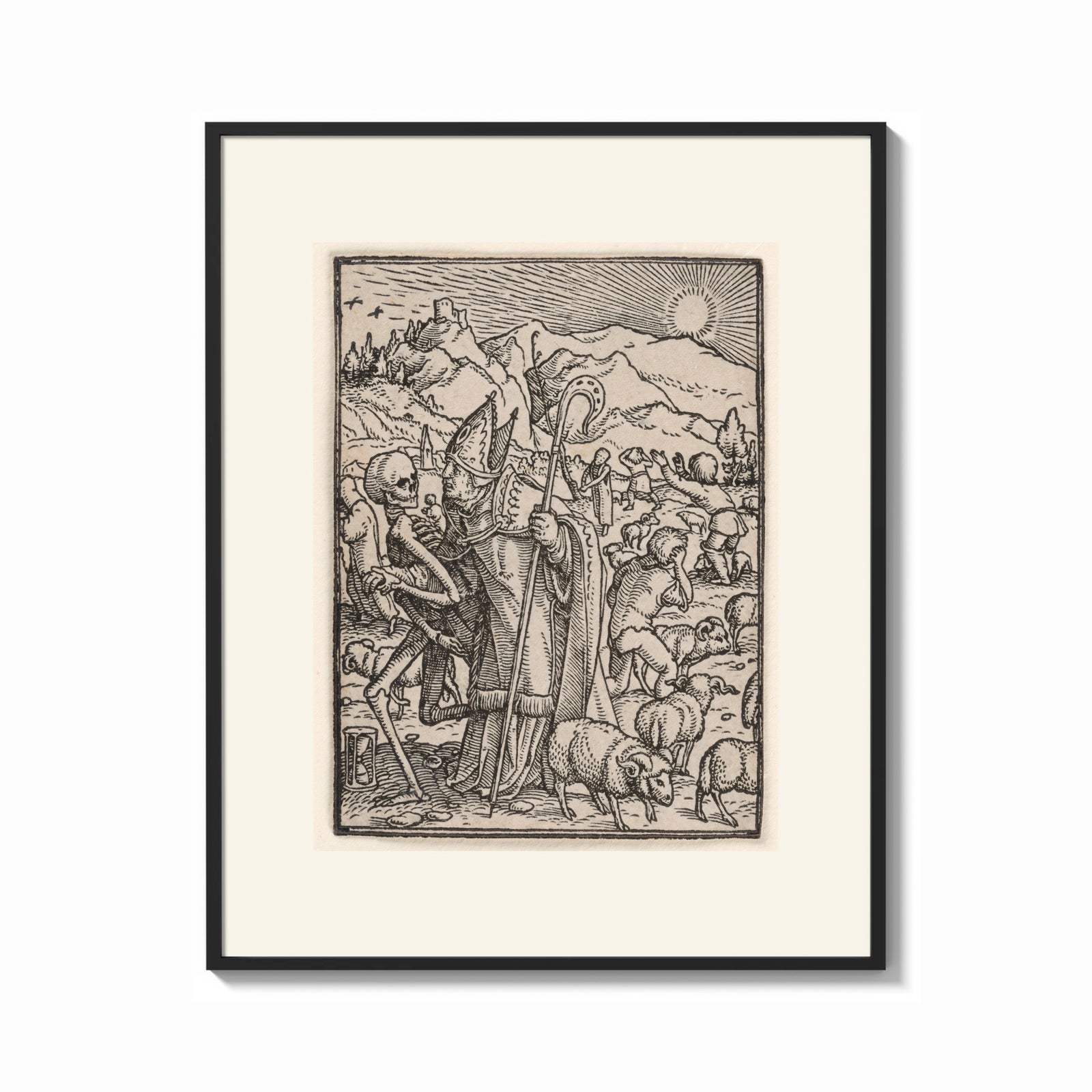 Framed Death leading a bishop print shown as a bold statement piece on a clean gallery wall