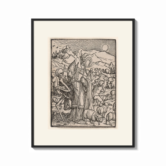 Framed Death leading a bishop print shown as a bold statement piece on a clean gallery wall