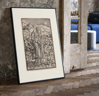 Death leading a bishop print in a black frame leaning beside a vintage door on parquet