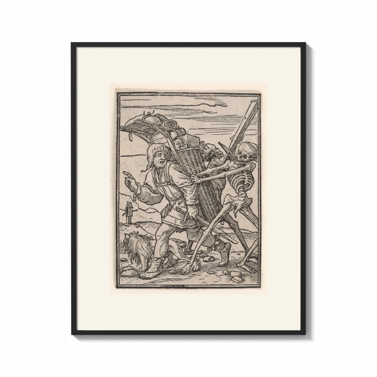 Framed Peasant carrying load with Death skeleton print shown as a bold statement piece on a clean gallery wall