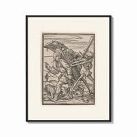 Framed Peasant carrying load with Death skeleton print shown as a bold statement piece on a clean gallery wall