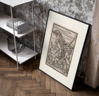 Peasant carrying load with Death skeleton poster in a black frame leaning beside a shelf in a raw-plaster loft