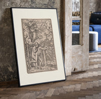 Death expelling Adam and Eve from Eden print in a black frame leaning beside a vintage door on parquet