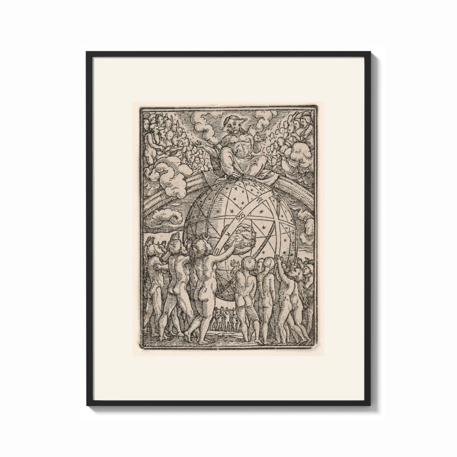 Framed God enthroned above celestial globe print shown as a bold statement piece on a clean gallery wall