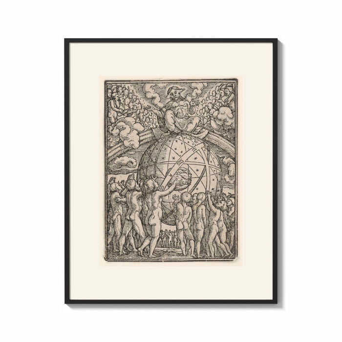 Framed God enthroned above celestial globe print shown as a bold statement piece on a clean gallery wall