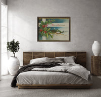 Cottage A Merry Christmas print in a wood frame above a bed with a woven cane headboard