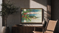 Cottage A Merry Christmas print in a walnut frame above a fluted sideboard and cane chair