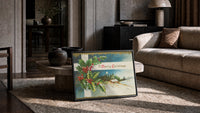 Cottage A Merry Christmas print in a black frame leaning on a rug beside a beige sofa