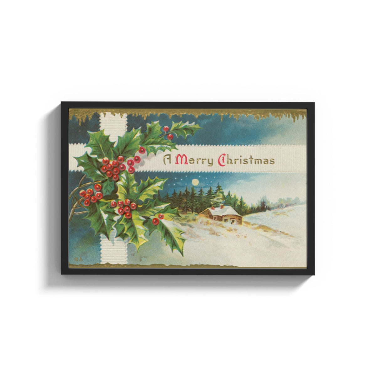 Framed Cottage A Merry Christmas print shown as a wide statement piece on a clean white wall