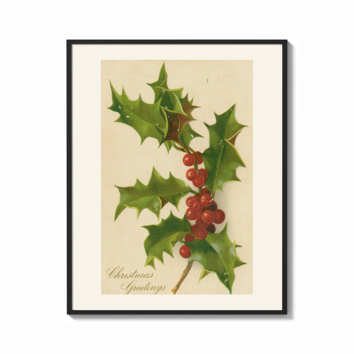 Framed Holly Christmas Greetings print shown as a bold statement piece on a clean gallery wall