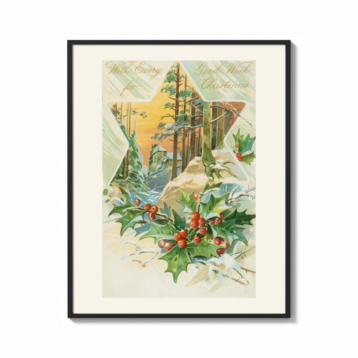 Framed Holly With Every Good Wish print shown as a bold statement piece on a clean gallery wall