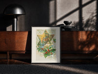 Black-framed Holly With Every Good Wish print on the floor in front of a dark wooden console
